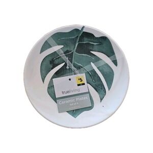 Trueliving Ceramic Plates Set of 4 White w Green Leaf 6.5 inch